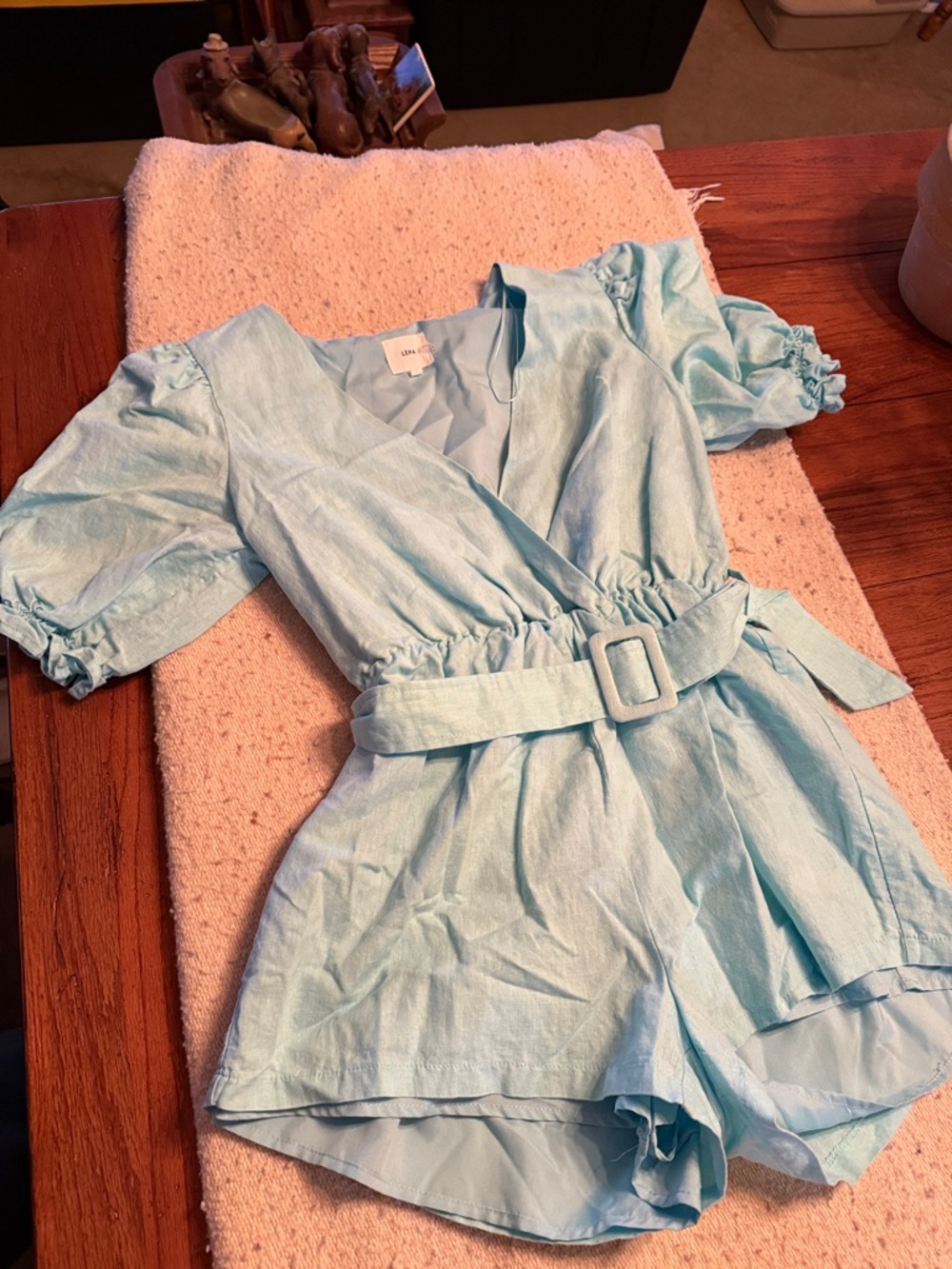 Lena Aqua Blue Linen short romper